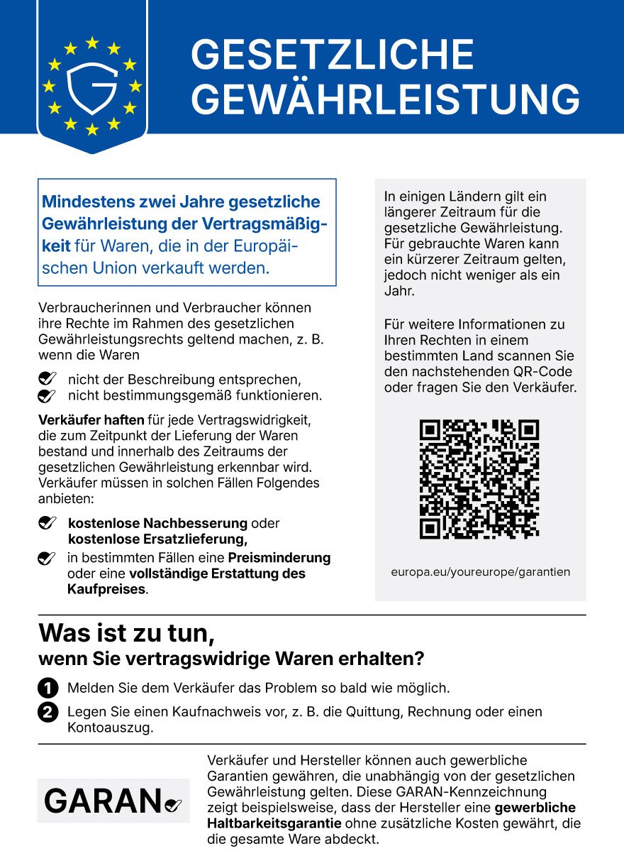 EU-Hinweis: Gesetzliche Gewährleistung – mindestens zwei Jahre. Klicken für den vollständigen Hinweis.